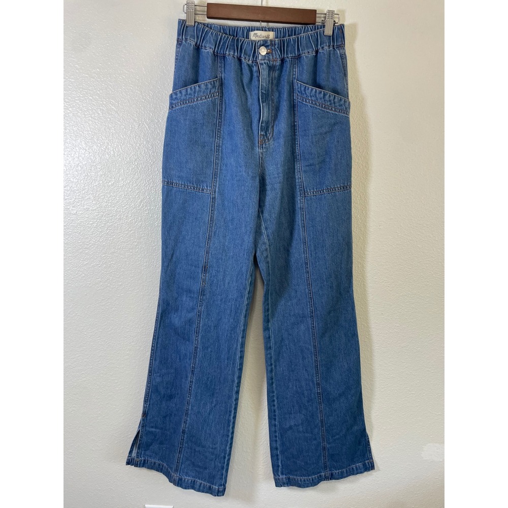 Madewell Women Small Pull-On Denim Trousers Medium Blue Wide‎ Leg Seamed Jeans
